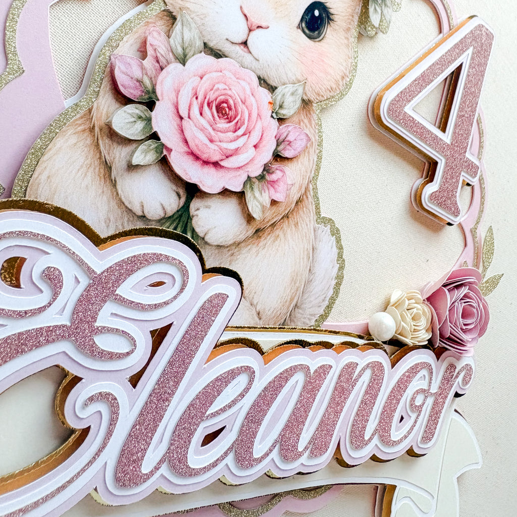 Pink Floral Bunny Birthday Cake Topper