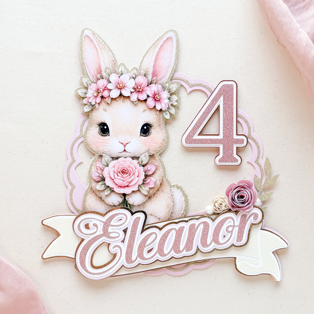 Pink Floral Bunny Birthday Cake Topper