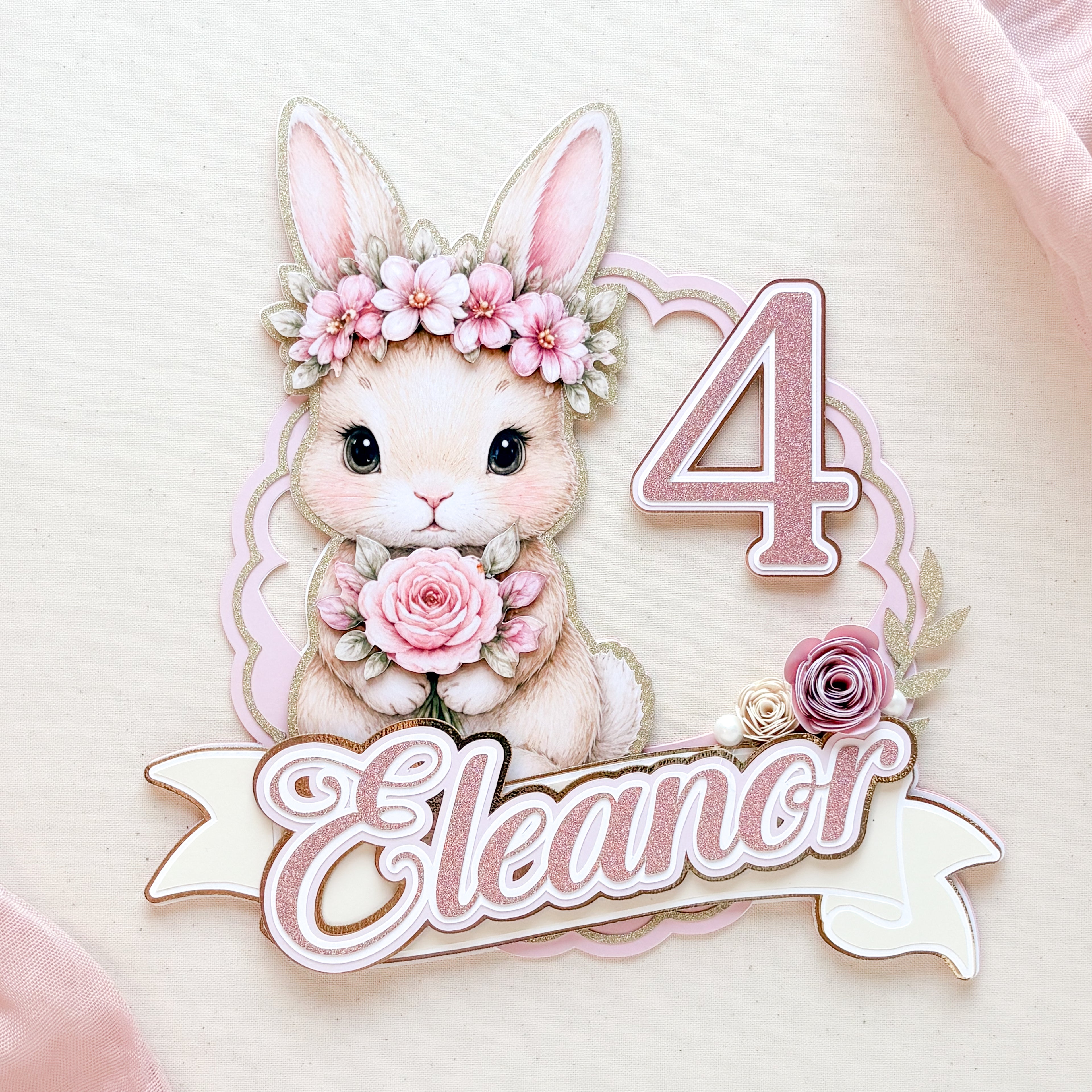 Pink Floral Bunny Birthday Cake Topper