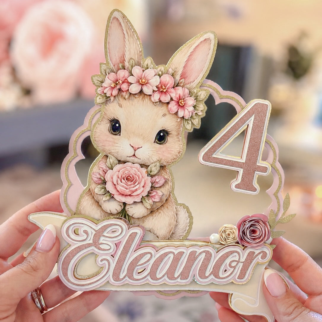 Pink Floral Bunny Birthday Cake Topper
